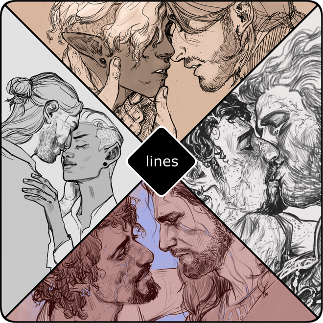Tender Moments Line Drawings A square divided diagonally. Each quadrant shows a different example of a tender moment line drawing.