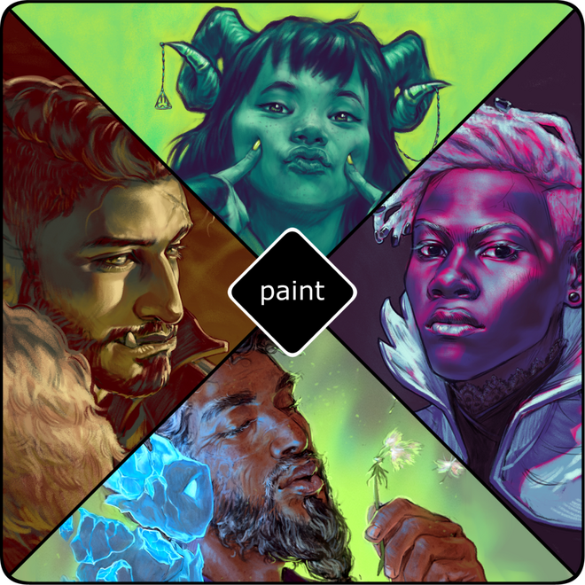 Portrait paintings A square divided diagonally. Each quadrant shows a different example of a portrait painting.