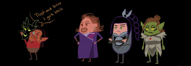 Bean comic A cropped screenshot of a comic showing bean-shaped characters from Baldur's Gate 3 encountering a sinister magic mask. One bean is confident he can wear it, and the others are skeptical.