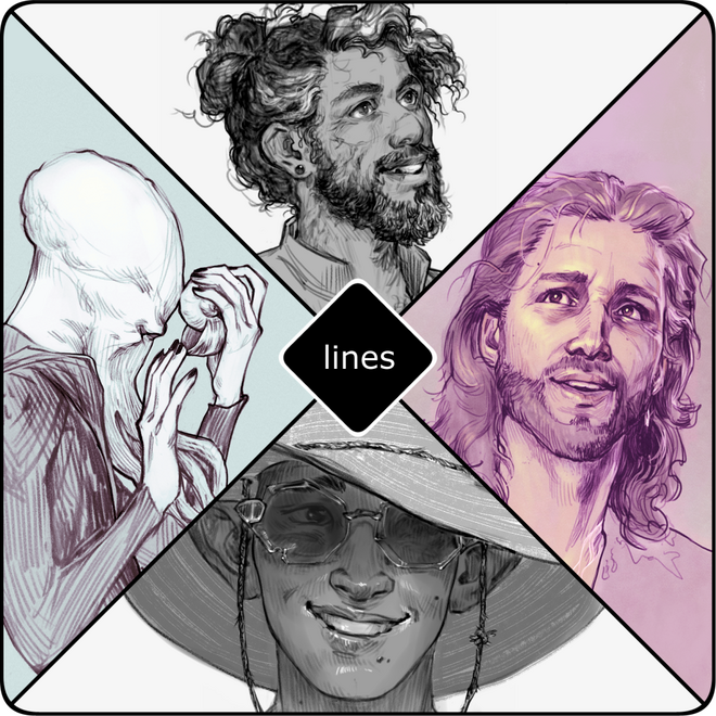 A square divided diagonally. Each quadrant shows a different example of a portrait line drawing.