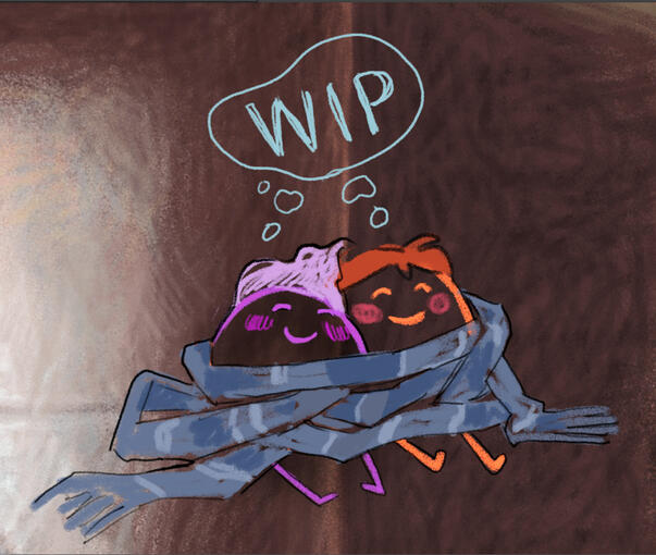 A Side of Beans An image of two cute bean-shaped characters cuddled in a very long scarf. They are thinking the word "WIP".