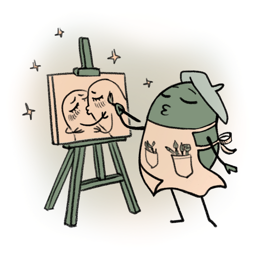 A small bean character proudly painting two other bean characters kissing.